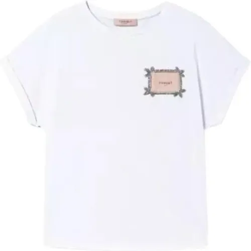 Weiße Baumwoll-T-Shirt mit Logo-Stickerei und Strass , Damen, Größe: M - Twinset - Modalova
