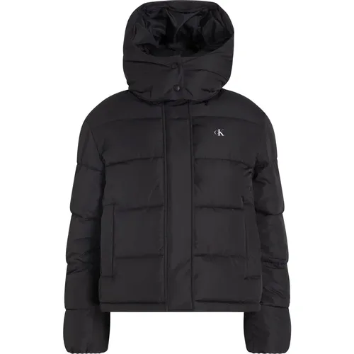 Schwarze Jacke mit abnehmbarer Kapuze , Damen, Größe: S - Calvin Klein - Modalova