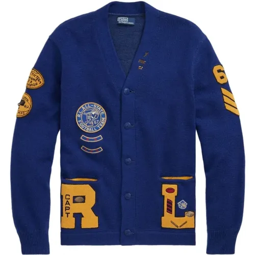 Patchwork V-Ausschnitt Pullover Blau , Herren, Größe: S - Ralph Lauren - Modalova