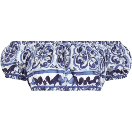 Printed Majolica Cotton Poplin Crop Top , female, Sizes: S, M - Dolce & Gabbana - Modalova