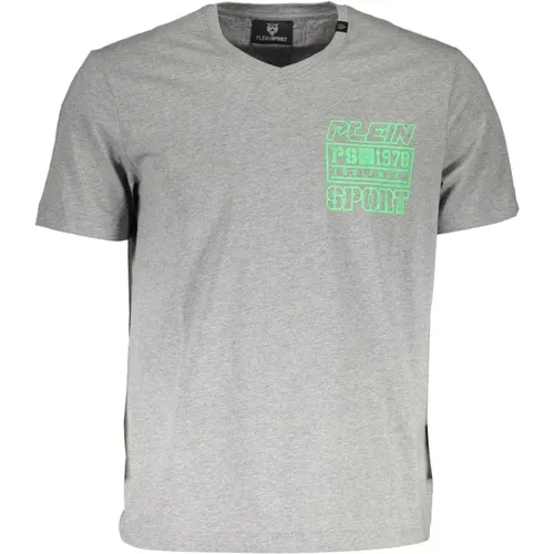 Graues Baumwoll-T-Shirt mit V-Ausschnitt und Druck , Herren, Größe: 2XL - Plein Sport - Modalova