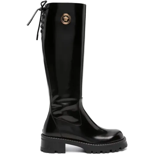 Polished Knee-High Lace-Up Boots , female, Sizes: 7 UK, 3 UK - Versace - Modalova