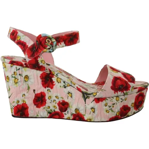 Mehrfarbige Blumen Brokat Keilabsatz Sandalen , Damen, Größe: 36 EU - Dolce & Gabbana - Modalova