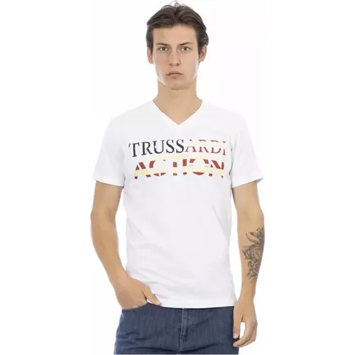 Weißes V-Ausschnitt T-Shirt mit Frontdruck , Herren, Größe: 2XL - Trussardi - Modalova