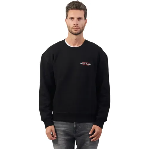 Schwarzer Rundhalsausschnitt Pullover Logo-Druck , Herren, Größe: XL - Guess - Modalova