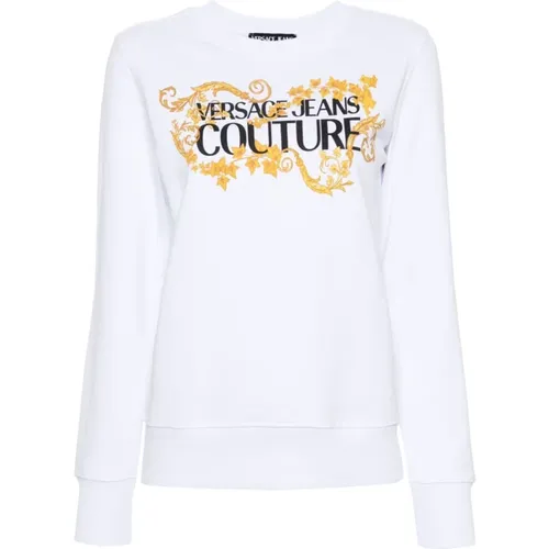 Weißer Logo-Print Rundhalsausschnitt Pullover , Damen, Größe: M - Versace Jeans Couture - Modalova