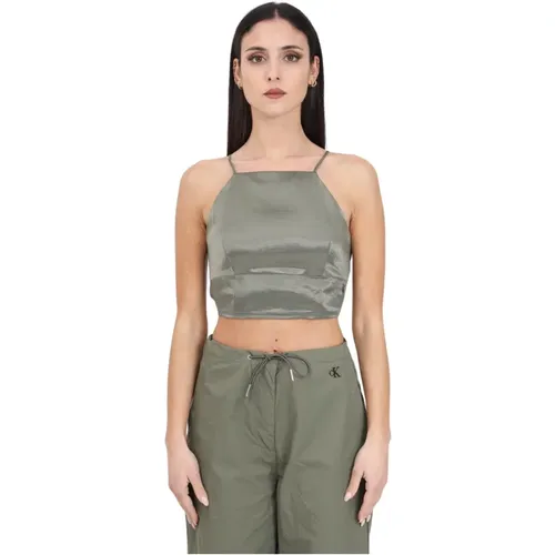 Olivgrünes Satin Crop Top mit Eckigem Ausschnitt - Calvin Klein Jeans - Modalova