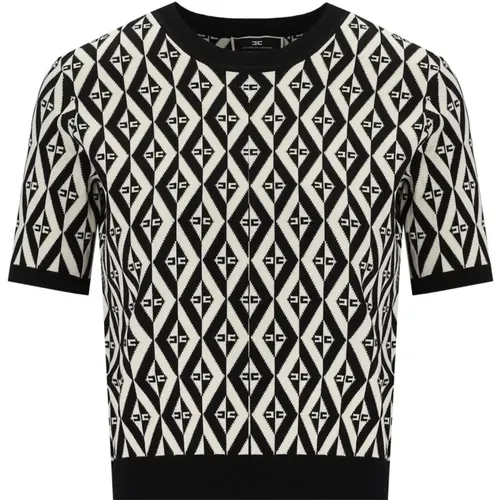 Monogramm Strick T-Shirt in Schwarz und Butter , Damen, Größe: S - Elisabetta Franchi - Modalova