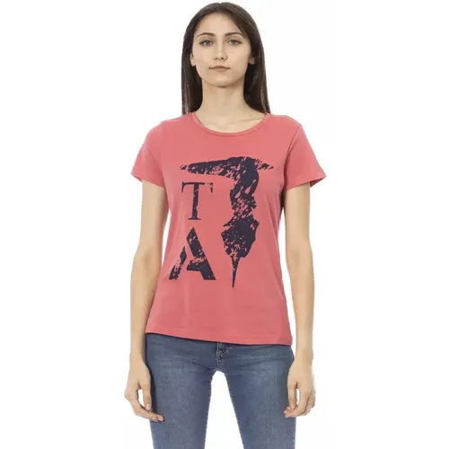 Rosa Baumwoll T-Shirt mit Kurzen Ärmeln und Frontdruck , Damen, Größe: XL - Trussardi - Modalova
