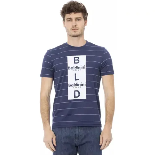 Trendiges Blaues Baumwoll-T-Shirt, Kurzarm, Frontdruck , Herren, Größe: XS - Baldinini - Modalova