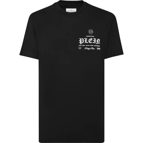 Schwarzes Logo Print T-shirt,Schwarzes T-Shirt mit geprägtem Logo für Männer - Philipp Plein - Modalova