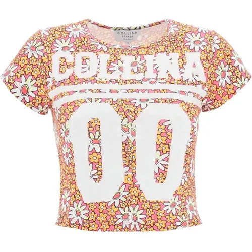 Blumiges Cropped T-Shirt mit Logo Patches , Damen, Größe: XS - Collina Strada - Modalova
