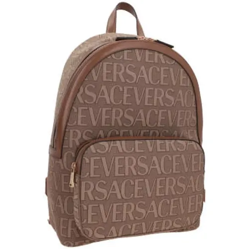 Canvas Backpack with Allover Motif and Leather Trim , male, Sizes: ONE SIZE - Versace - Modalova