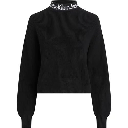 Schwarze Pullover mit hohem Kragen und markantem Logo , Damen, Größe: XL - Calvin Klein - Modalova