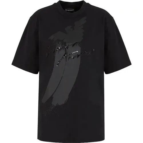 Schwarzes T-Shirt mit Logo-Druck , Damen, Größe: L - Emporio Armani - Modalova