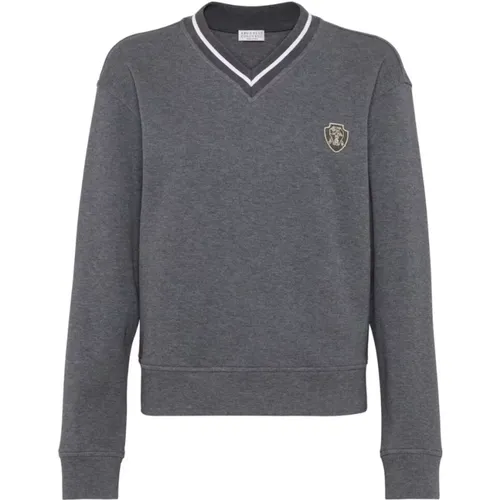 Grey Cotton V-Neck Sweatshirt with Stripe Trim , female, Sizes: S, L - BRUNELLO CUCINELLI - Modalova