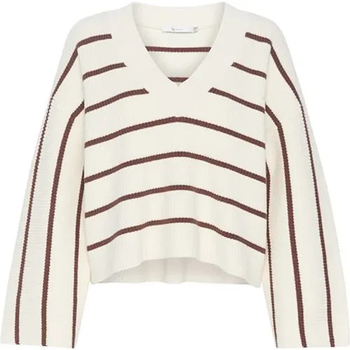 V-Neck Pullover with Brown Stripes , female, Sizes: S, XS, L, M - Gestuz - Modalova