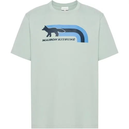 Blau T-Shirt mit Silk-Screen-Druck , Herren, Größe: S - Maison Kitsuné - Modalova