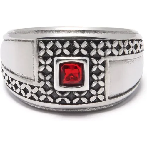 Silver Ring with Red Stone , Herren, Größe: 62 MM - Nialaya - Modalova