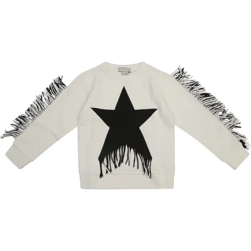 Sternenmuster Pullover Weiß,Weiße Baumwollpullover mit Fransendetail,Fringed Star Crewneck Sweatshirt - Stella Mccartney - Modalova