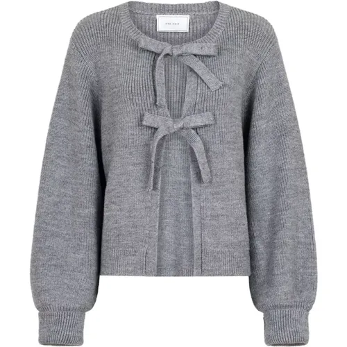Grey Melange Sweater with Puffed Sleeves and Ribbon Closure , female, Sizes: XL - NEO NOIR - Modalova
