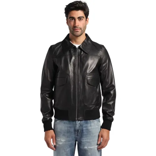 Leather jacket with shirt neck, front zip and knitting cuffs , male, Sizes: XL - Department Five - Modalova