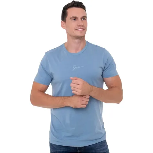 Blaues Baumwoll-T-Shirt - Kurzarm , Herren, Größe: XL - Guess - Modalova