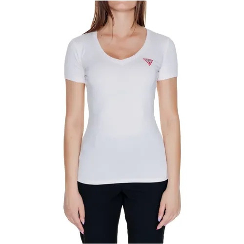 Rosa Rundhals T-shirt Damen Baumwolle , Damen, Größe: M - Guess - Modalova