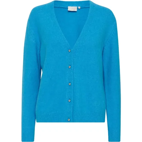 Blauer Cardigan mit V-Ausschnitt und Knöpfen , Damen, Größe: M - Kaffe - Modalova