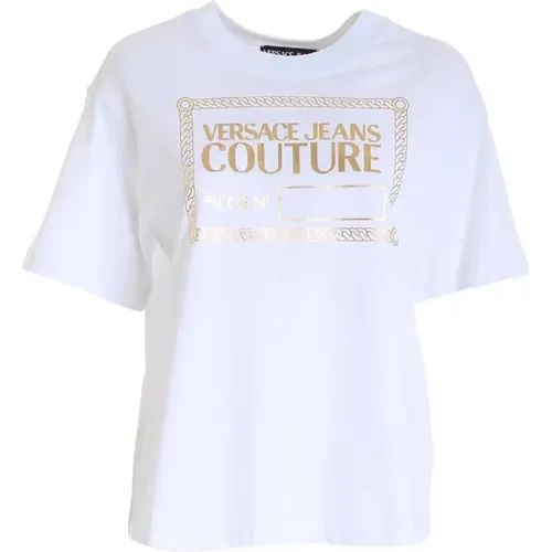 Women`s T-shirt - M, Classic Round Neck with Gold Logo , female, Sizes: XS - Versace Jeans Couture - Modalova
