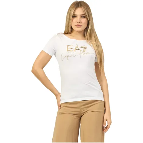 Weißes T-Shirt mit Metall-Logo-Detail , Damen, Größe: M - Emporio Armani EA7 - Modalova