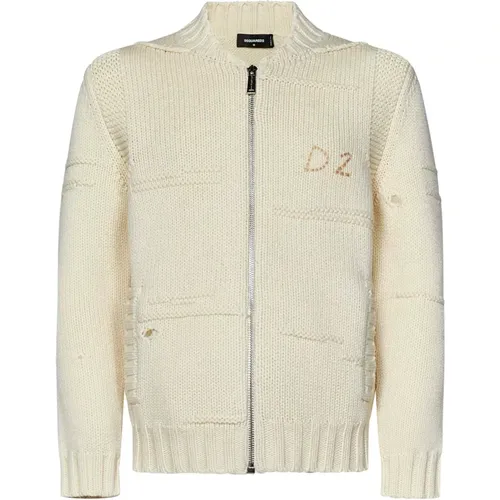 Ivory Wool Knit Zip-Up Cardigan , male, Sizes: L - Dsquared2 - Modalova