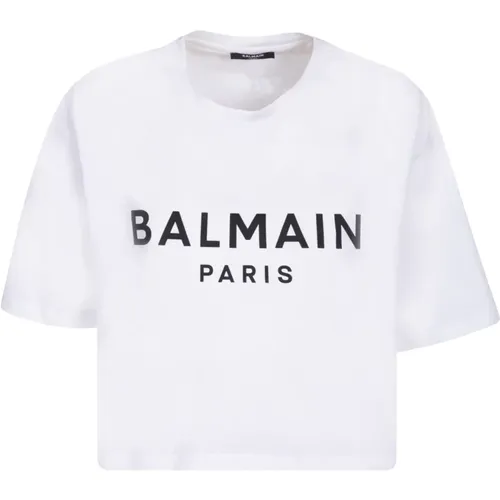 Weißes Logo Crop T-Shirt , Damen, Größe: S - Balmain - Modalova