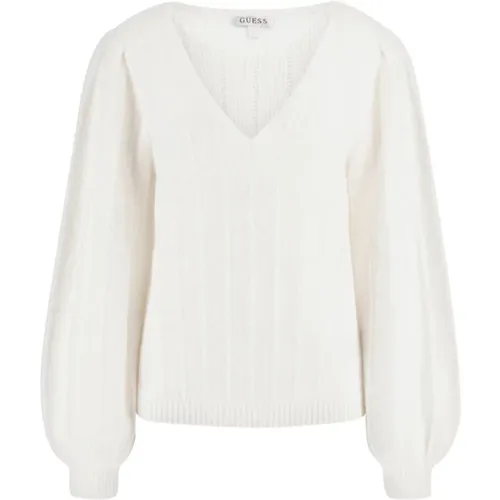 Weiße V-Ausschnitt Pullover mit Puffärmeln , Damen, Größe: S - Guess - Modalova