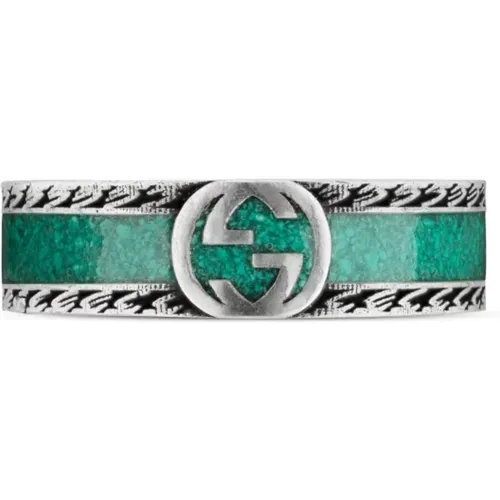 Ybc645573001 - Argento 925, smalto - Ring with Interlocking G motif in sterling silver and turquoise enamel , female, Sizes: 53 MM - Gucci - Modalova