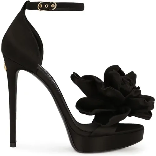 Schwarze Sandalen mit Blumenapplikation - Dolce & Gabbana - Modalova