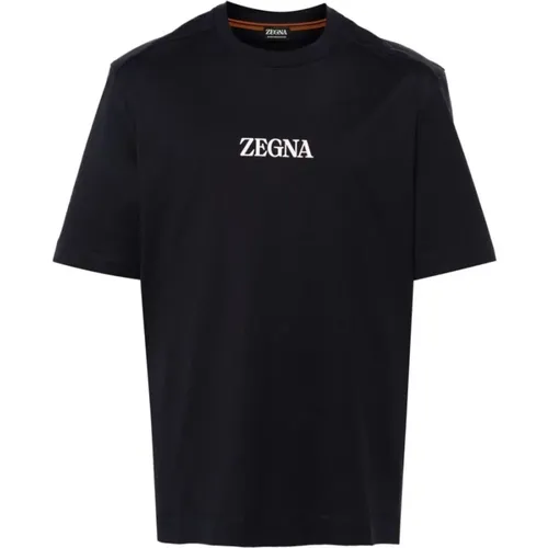 Navyblaues Baumwoll-T-Shirt mit Logo - Ermenegildo Zegna - Modalova