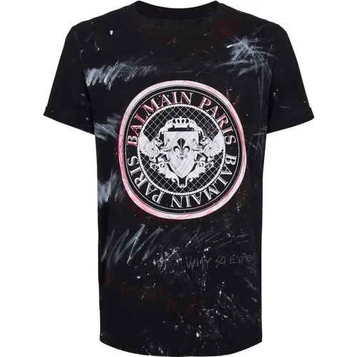 Ebe Noir Blanc Rouge Lockeres T-Shirt , Herren, Größe: XS - Balmain - Modalova