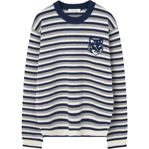 Blauer Gestreifter Logopullover , Herren, Größe: XL - Maison Kitsuné - Modalova