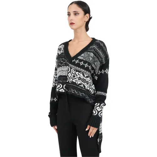 Geometrischer Schwarzer V-Ausschnitt Pullover , Damen, Größe: XS - Akep - Modalova