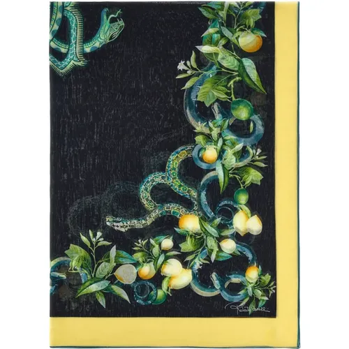 Black Lemon Print Twill Scarf , female, Sizes: ONE SIZE - Roberto Cavalli - Modalova