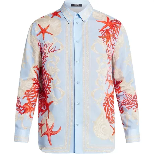 Baroque Sea Print Blue Shirt , male, Sizes: M, S - Versace - Modalova