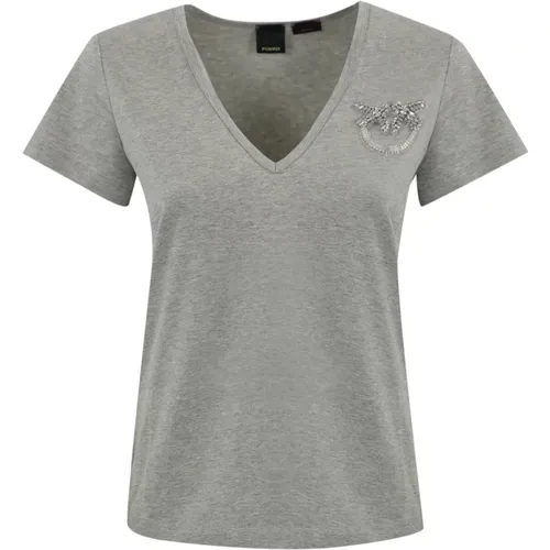 Graues Besticktes Juwel T-Shirt , Damen, Größe: M - pinko - Modalova