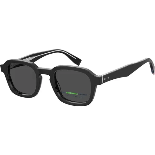 Schwarze Gestreifte Weiße/Graue Sonnenbrille , Herren, Größe: 49 MM - Tommy Hilfiger - Modalova