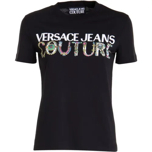 Cotton T-shirt with Multicolor Lettering , female, Sizes: XS - Versace Jeans Couture - Modalova