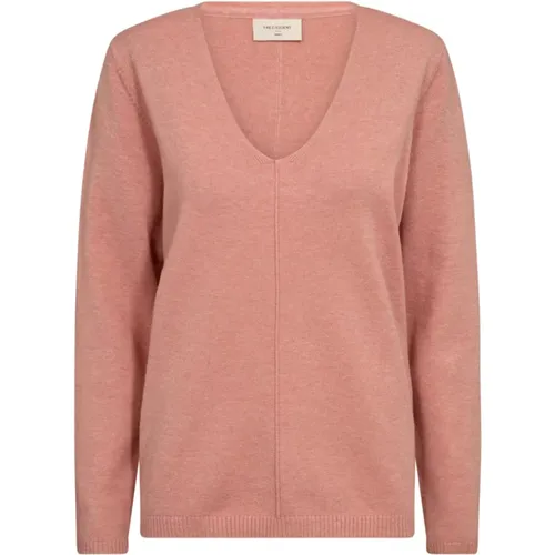 Weicher Strick V-Ausschnitt Pullover Rosa , Damen, Größe: S - FREEQUENT - Modalova