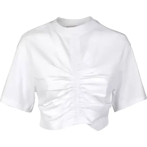 Gerüschtes Weißes T-Shirt mit Kordel , Damen, Größe: M - Semicouture - Modalova