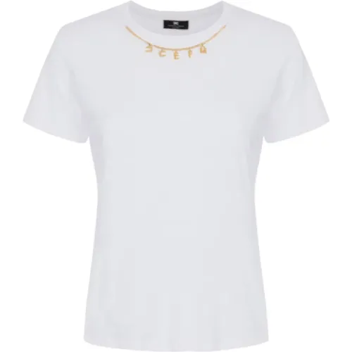 Leichtes Baumwoll-Jersey T-Shirt mit goldener Metalllogo-erzierung , Damen, Größe: L - Elisabetta Franchi - Modalova