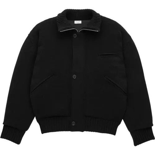 Schwarze Wolljacke mit Reißverschluss,Schwarze Wollstrick Gepolsterte Jacke - Saint Laurent - Modalova