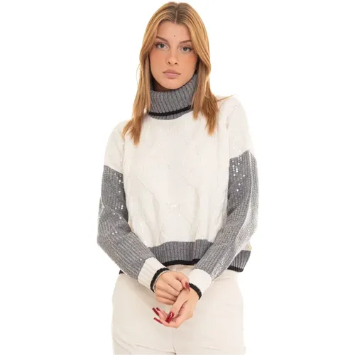 Pailletten Kabelstrick Rollkragenpullover , Damen, Größe: L - Pennyblack - Modalova